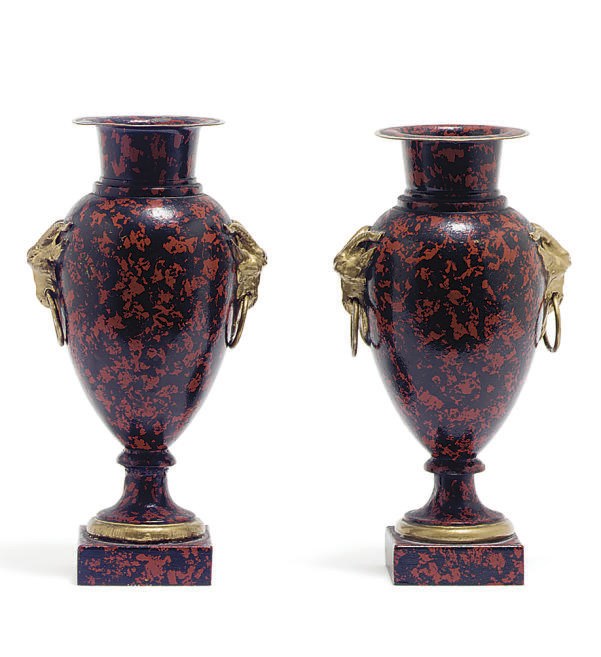 A PAIR OF TOLE PEINTE URNS,
