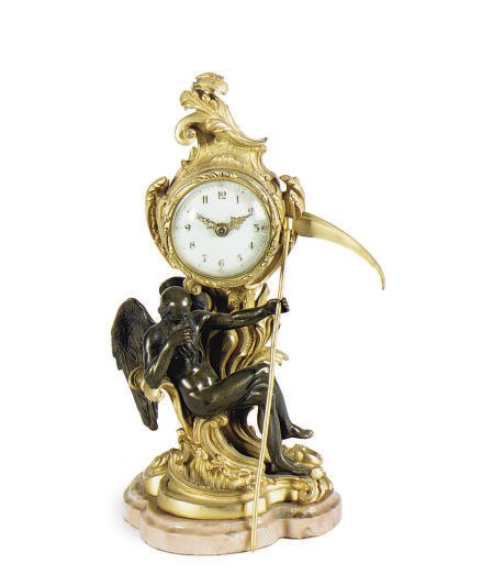 A FRENCH PATINATED AND GILT-BRONZE FIGURAL CLOCK,
