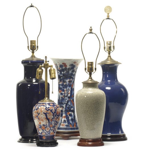 FIVE GLAZED PORCELAIN VASES MOUNTED AS LAMPS,