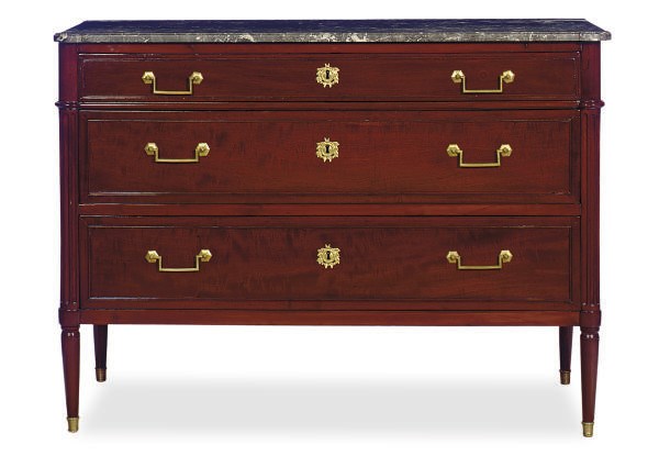 A LOUIS XVI MAHOGANY AND MARBLE-TOP COMMODE,