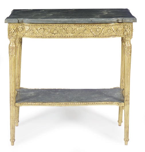 A FRENCH GILTWOOD AND BARDIGLIO MARBLE SIDE TABLE,