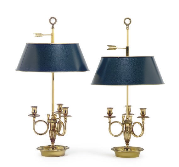 A PAIR OF GILT-METAL THREE-LIGHT BUILLOTTE LAMPS,