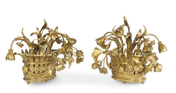 A PAIR OF GILT-BRONZE FLOWERING BASKET-FORM WALL-LIGHTS,