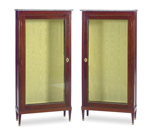 A PAIR OF FRENCH MAHOGANY AND MARBLE-TOP CABINETS,