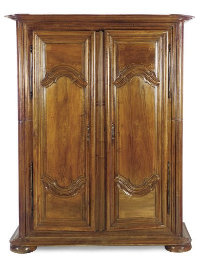 A FRENCH PROVINCIAL WALNUT AND LINE-INLAID ARMOIRE,