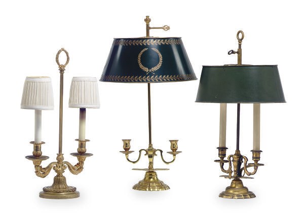 THREE GILT-BRONZE TWO-LIGHT BUILLOTTE LAMPS,