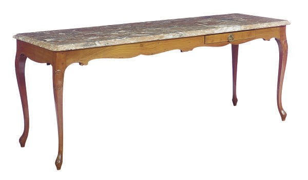 A FRUITWOOD AND MARBLE TOP SIDE TABLE,