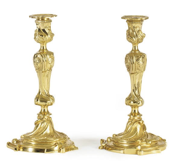 A PAIR OF GILT-BRONZE CANDLESTICKS,