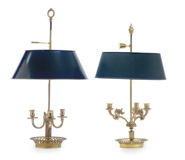 TWO GILT-BRONZE THREE-LIGHT BUILLOTTE LAMPS,
