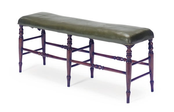 A FRENCH BEECHWOOD AND UPHOLSTERED BENCH,