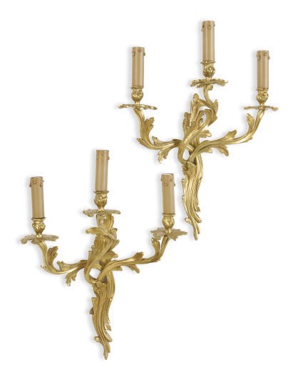 A PAIR OF GILT-METAL THREE-BRANCH WALL-LIGHTS,