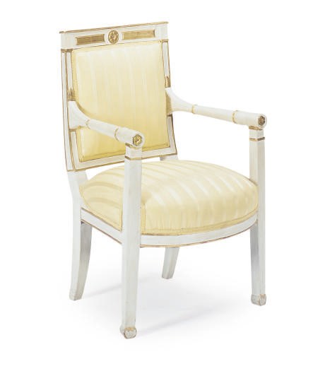 A FRENCH EMPIRE CREAM-PAINTED AND PARCEL-GILT FAUTEUIL,