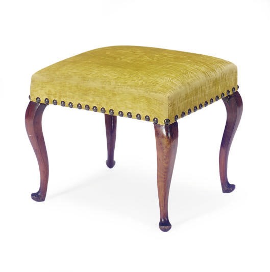 A FRENCH PROVINCIAL WALNUT AND UPHOLSTERED TABOURET,