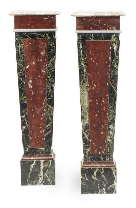 A PAIR OF ITALIAN GREEN AND ROUGE MARBLE PEDESTALS,