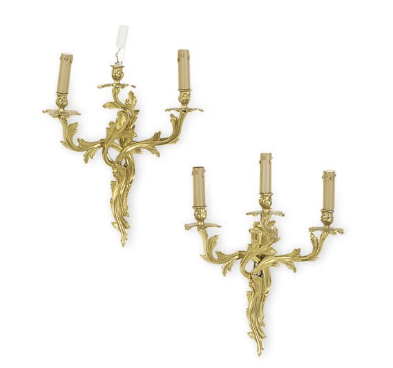 A PAIR OF FRENCH GILT-BRONZE THREE-BRANCH WALL-LIGHTS,