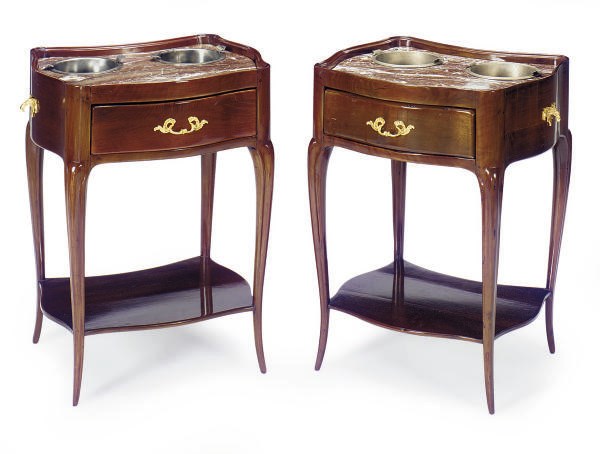 A PAIR OF FRENCH GILT-METAL MOUNTED MAHOGANY AND MARBLE RAFRAICHISSOIRES,