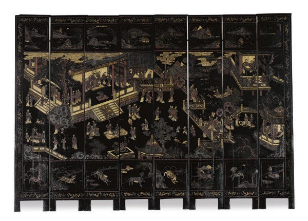 A CHINESE EXPORT POLYCHROME AND BLACK-LACQUER EIGHT PANEL SCREEN,