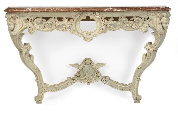 A FRENCH PAINTED AND MARBLE-TOP SERPENTINE CONSOLE TABLE,