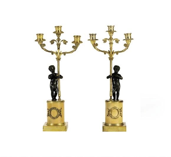 A PAIR OF FRENCH PATINATED, GILT-BRONZE AND MARBLE FIGURAL CANDELABRA,