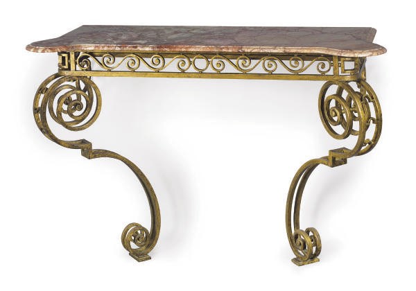 A PAIR OF GILT WROUGHT IRON AND MOTTLED PINK MARBLE CONSOLES,