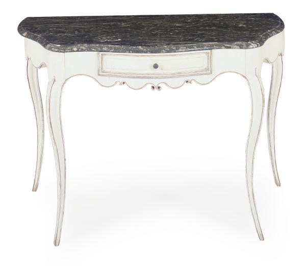 A CONTINENTAL PAINTED AND MARBLE-TOP SERPENTINE SIDE TABLE,