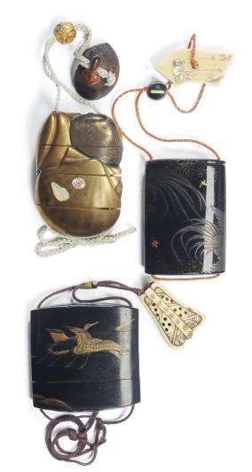 TWO JAPANESE LACQUERED INRO WITH NETSUKE AND A SHIBIYAMA INRO WITH NETSUKE,**