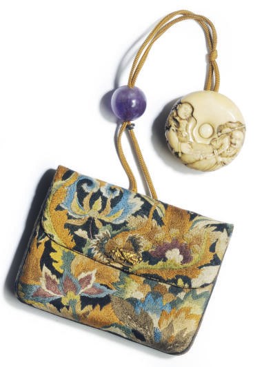 A JAPANESE TAPESTRY TOBACCO CASE WITH CARVED IVORY NETSUKE,**