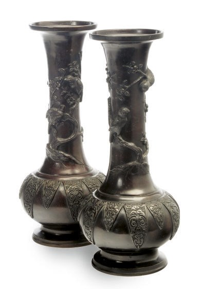 A PAIR OF BRONZE JAPANESE BOTTLE VASES MOLDED WITH BIRDS ON BRANCHES,