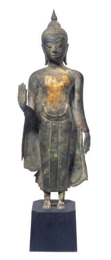 A THAI GILT BRONZE FIGURE OF A STANDING BUDDHA,