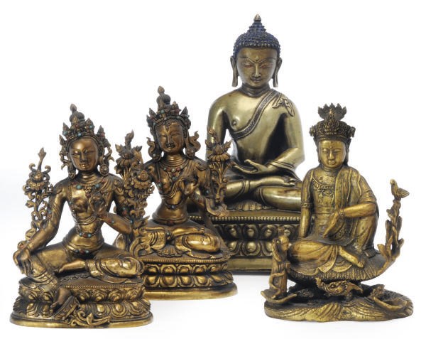 A GROUP OF THREE TIBETO-CHINESE GILT BRONZE FIGURES OF DEITIES,