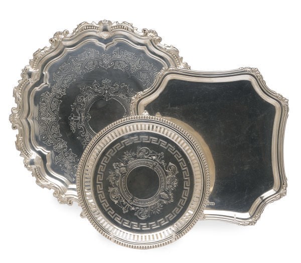 THREE ENGLISH SILVER SALVERS,
