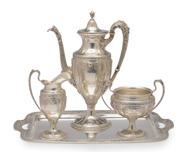 AN AMERICAN SILVER THREE PIECE COFFEE SERVICE AND TRAY,**