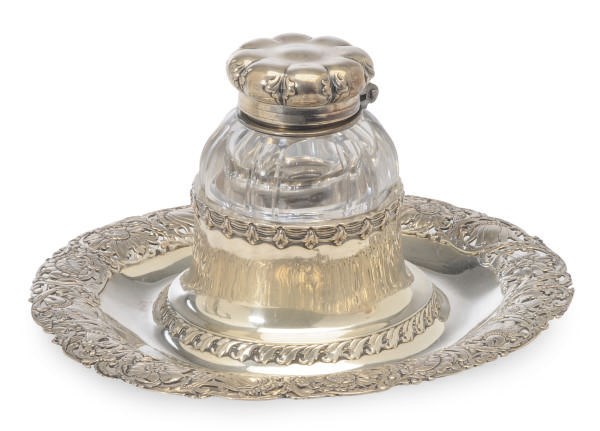 AN AMERICAN SILVER INKSTAND AND SILVER-MOUNTED CUT GLASS INKPOT,