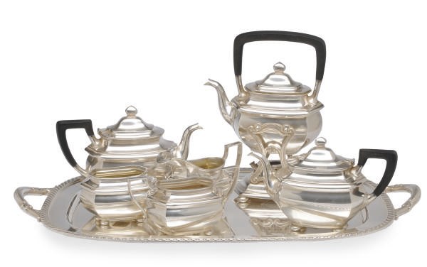 AN AMERICAN SILVER FIVE-PIECE TEA SERVICE AND A TWO-HANDLED TEA TRAY,