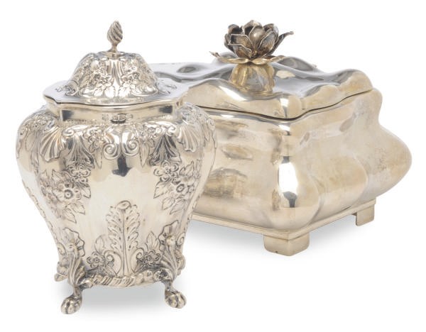 A VICTORIAN SILVER TEA CADDY WITH HINGED COVER AND A CONTINENTAL SILVER BOX AND COVER,