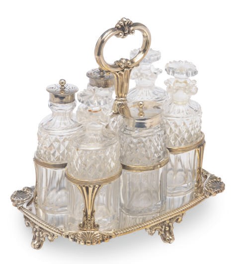 AN EDWARD VII SILVER CRUET STAND AND SIX CUT GLASS BOTTLES,