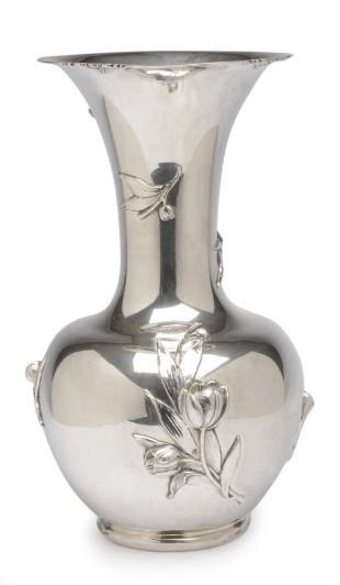 A LARGE ITALIAN SILVER VASE WITH APPLIED TULIPS,