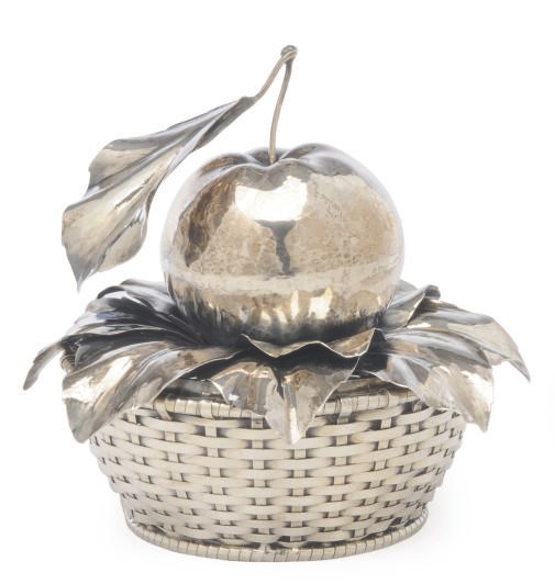 AN ITALIAN SILVER APPLE AND BASKET-FORM BOX AND COVER,