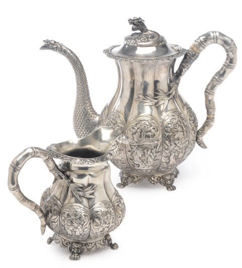 A SILVER CHINESE EXPORT COFFEE POT WITH HINGED COVER AND A CREAM JUG,