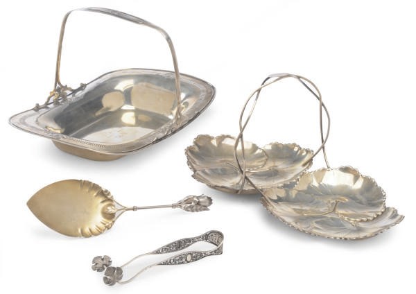 TWO AMERICAN SILVER CAKE BASKETS AND A CAKE SERVER,
