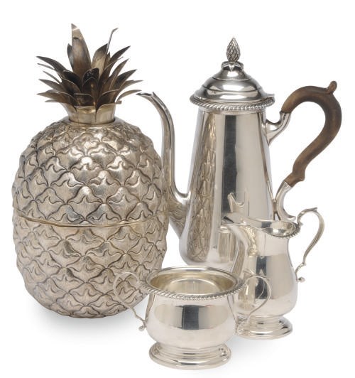 AN AMERICAN THREE PIECE SILVER COFFEE SERVICE AND A PORTUGUESE PINEAPPLE-FORM ICE BUCKET AND COVER,