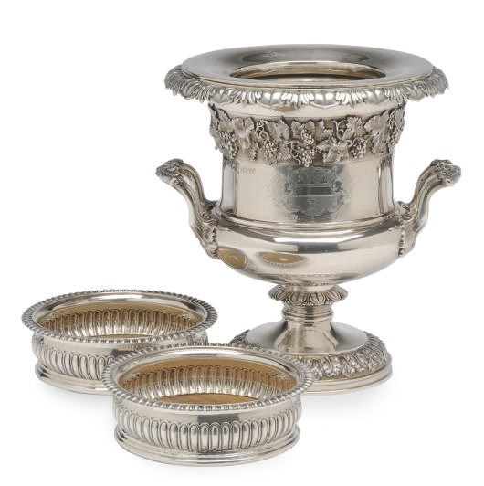 A GEORGE IV WINE COOLER AND COLLAR AND A PAIR OF GEORGE III SILVER WINE COASTERS WITH WOOD BASES,