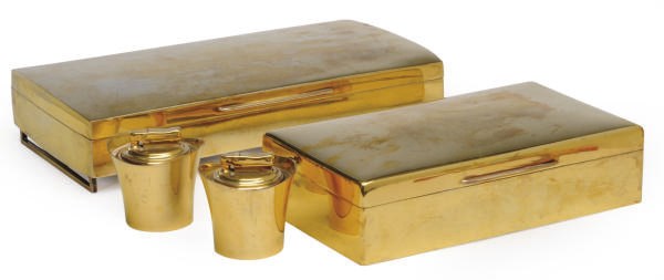 TWO ELIZABETH II SILVER GILT SMOKING BOXES AND A PAIR OF TABLE LIGHTERS,