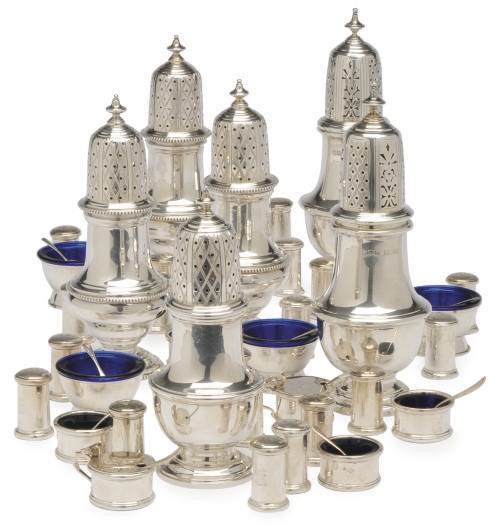 A LARGE GROUP OF ELIZABETH II SILVER SALT CELLARS AND CASTERS,