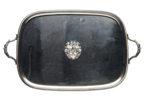 AN ELIZABETH II SILVER TWO-HANDLED TEA TRAY,