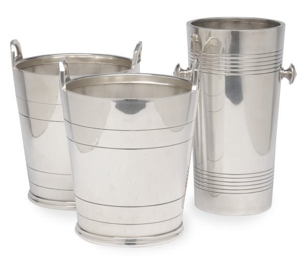 A PAIR OF ENGLISH SILVER-PLATED WINE COOLERS AND LINERS AND A FRENCH COOLER,