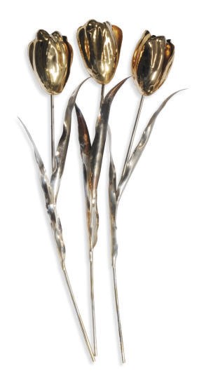A GROUP OF EIGHTEEN SILVERED AND GILT-METAL TULIPS,