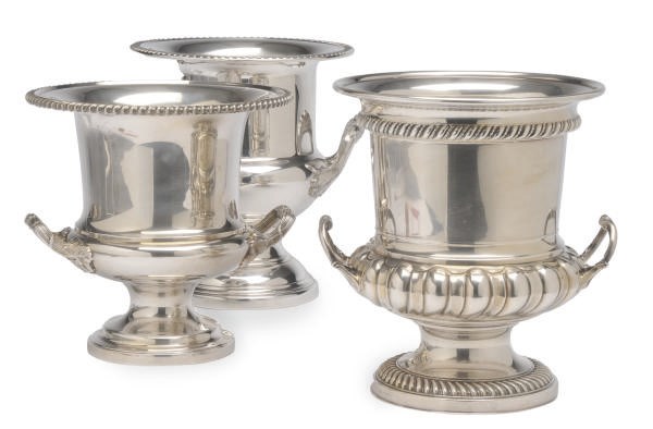 A GROUP OF THREE SIMILAR SILVER-PLATED WINE COOLERS,