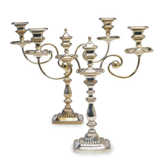A PAIR OF GEORGE III SILVER-PLATED THREE LIGHT CANDLEABRA,