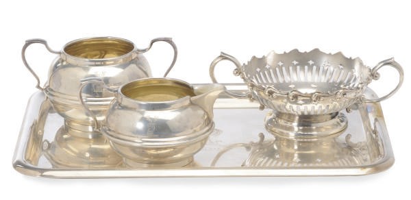 A VICTORIAN SUGAR BOWL AND CREAM JUG, AN AMERICAN SUGAR BOWL AND CREAM JUG, AND A SET OF EIGHT TWO-HANDLED BROTH BOWLS,